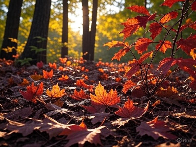 Autumn leaves on a forest floor - sunlight through trees in the distance